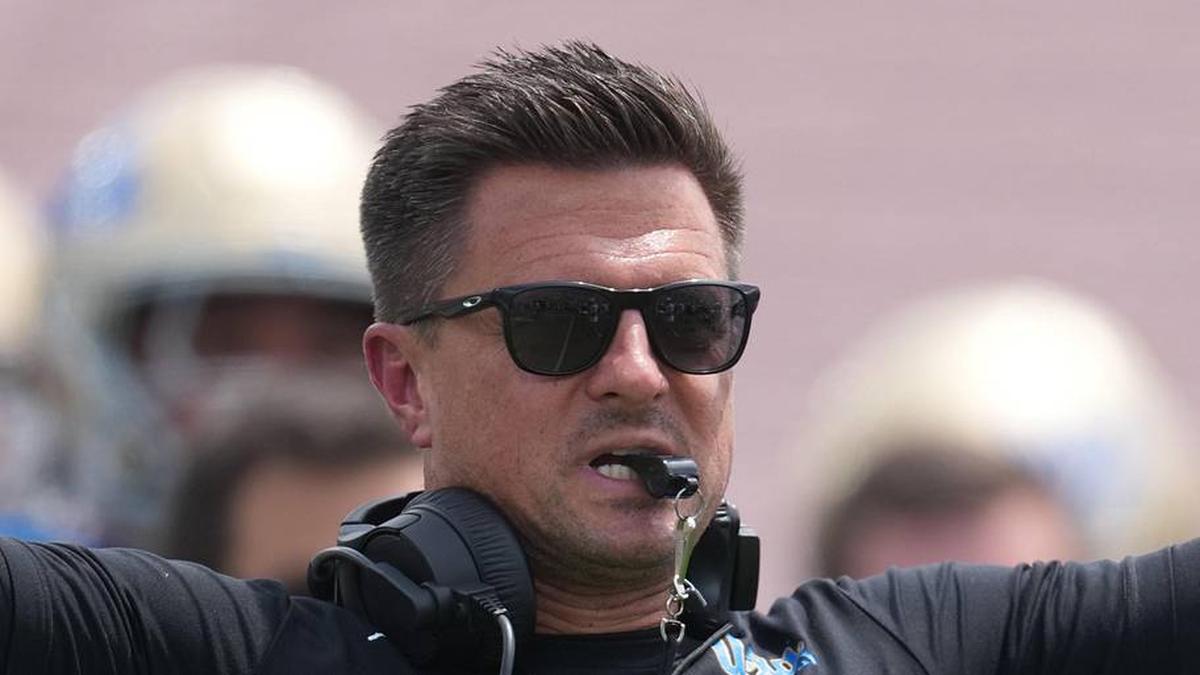  May 2, 2026; Pasadena, CA, USA; UCLA Bruins coach Bob Chesney reacts during the spring game at Rose Bowl. Mandatory Credit: Kirby Lee-Imagn Images | Kirby Lee-Imagn Images 