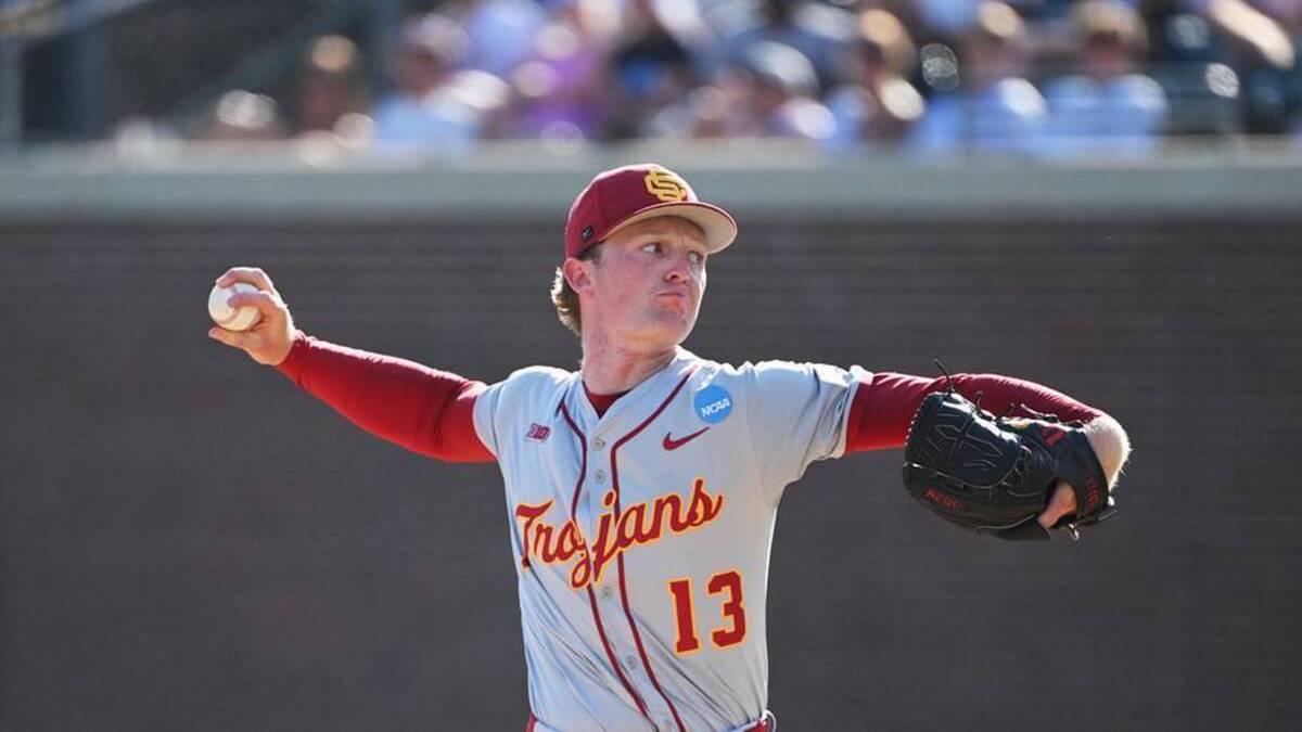  Jun 5, 2026; Chapel Hill, NC, USA; USC Trojans pitcher Andrew Johnson (13) pitches the ball to the North Carolina Tar Heels during the seventh inning at Boshamer Stadium. Mandatory Credit: Zachary Taft-Imagn Images | Zachary Taft-Imagn Images 