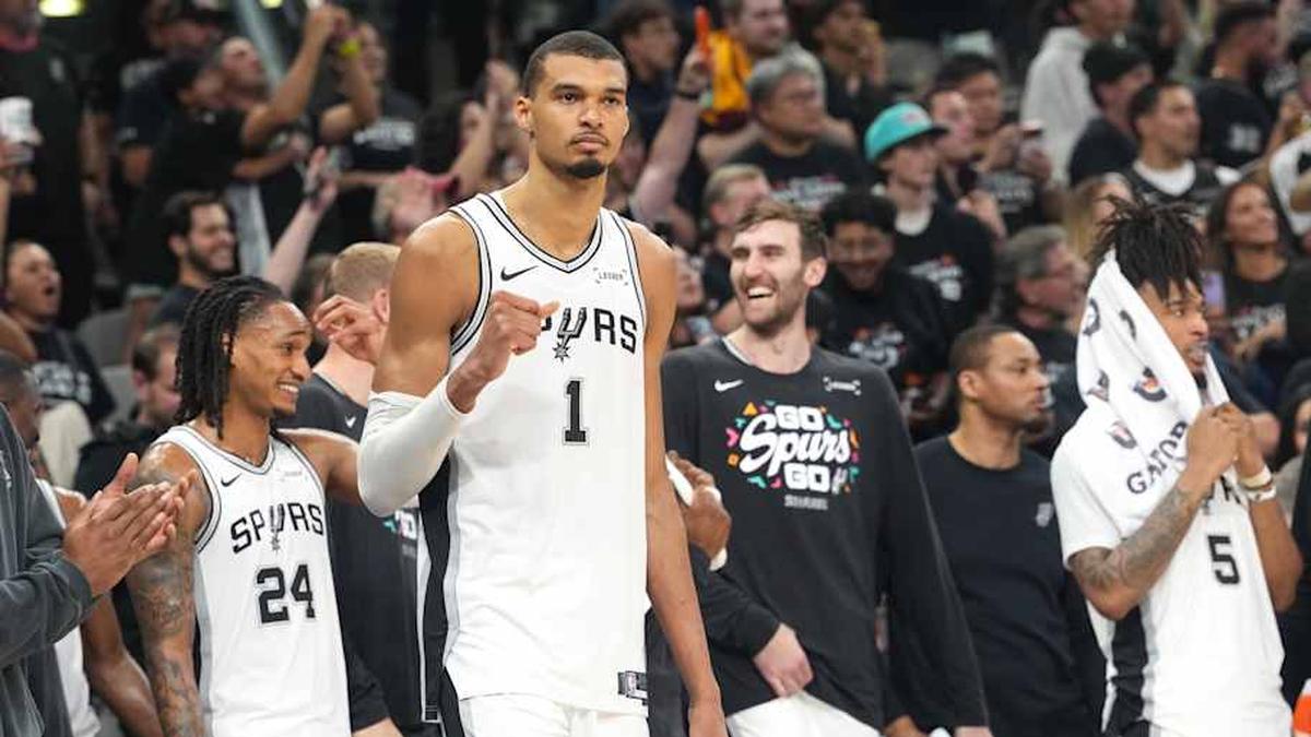  Apr 28, 2026; San Antonio, Texas, USA; San Antonio Spurs forward Victor Wembanyama (1) pumps his fist after a victory over the Portland Trail Blazers in game five of the first round of the 2026 NBA Playoffs at Frost Bank Center. | Scott Wachter-Imagn Images 