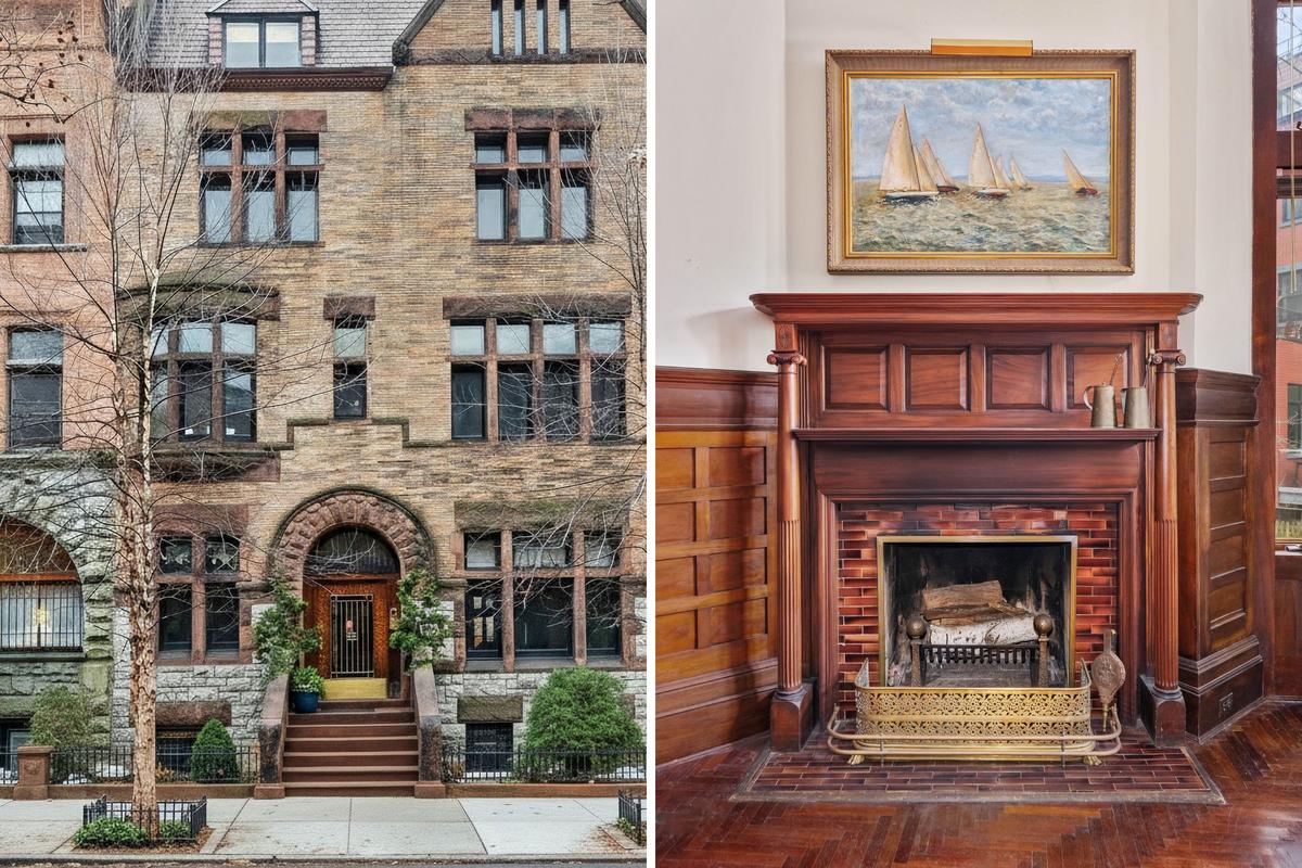  The exterior of the 842 Carroll Street residence and a fireplace inside are seen. 