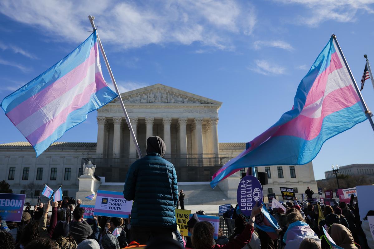  Protesters supporting transgender athletes competing in women’s sports gather outside the Supreme Court on January 13, 2026 in Washington, DC. 