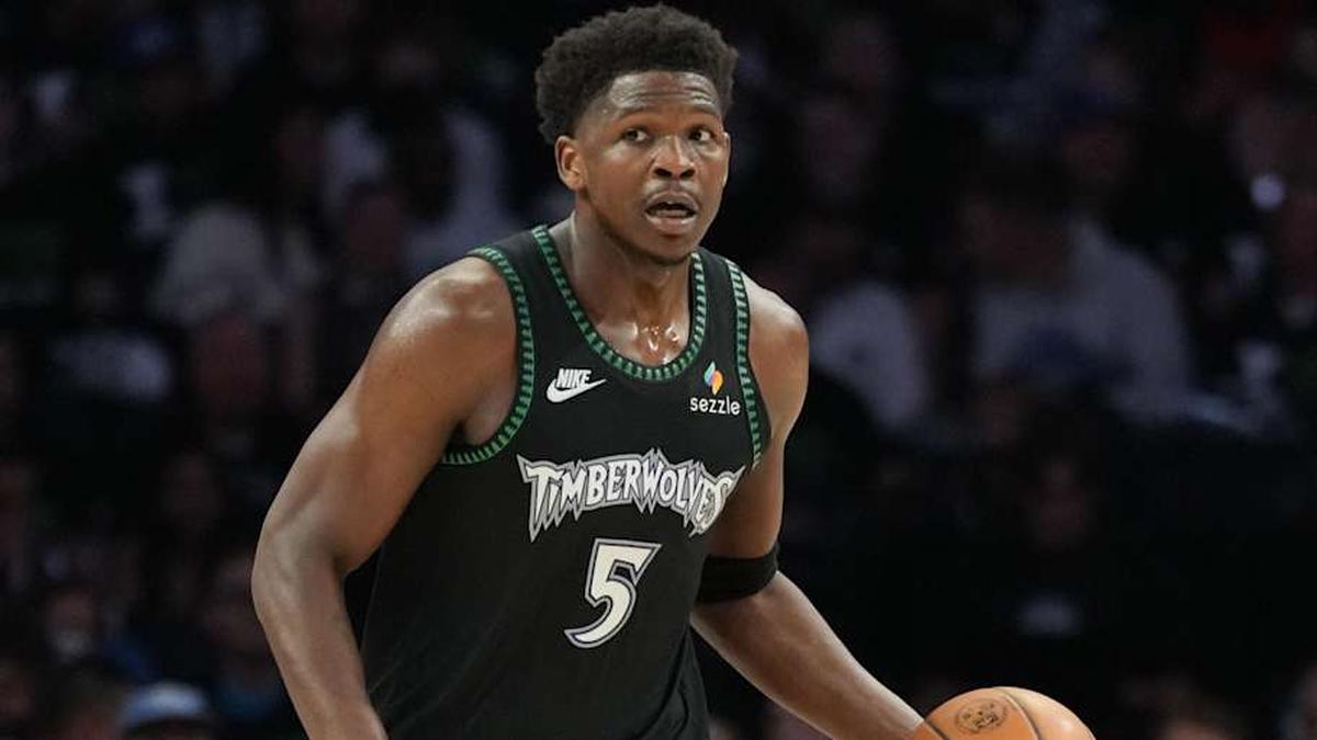  May 8, 2026; Minneapolis, Minnesota, USA; Minnesota Timberwolves guard Anthony Edwards (5) dribbles against the San Antonio Spurs in the second half during game three of the second round of the 2026 NBA Playoffs at Target Center. | Jesse Johnson-Imagn Images 