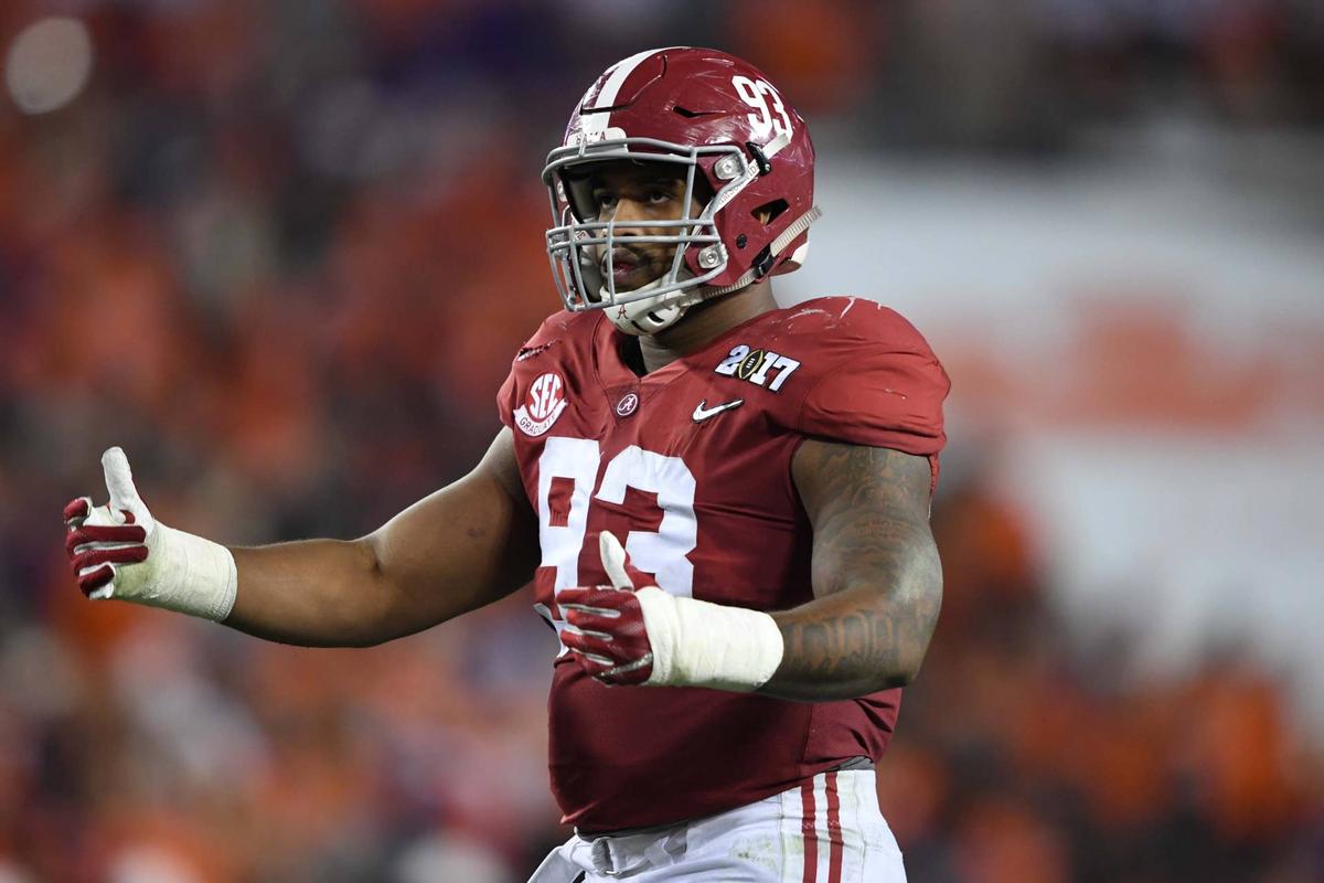  Alabama Crimson Tide defensive lineman Jonathan Allen reacts during the 2017 College Football Playoff National Championship Game at Raymond James Stadium. John David Mercer-USA TODAY Sports