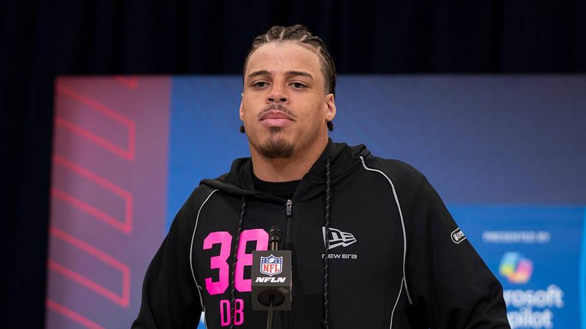  Feb 26, 2026; Indianapolis, IN, USA; Arizona defensive back Dalton Johnson (DB38) speaks to members of the media during the NFL Combine at the Indiana Convention Center. Mandatory Credit: Jacob Musselman-Imagn Images | Jacob Musselman-Imagn Images 