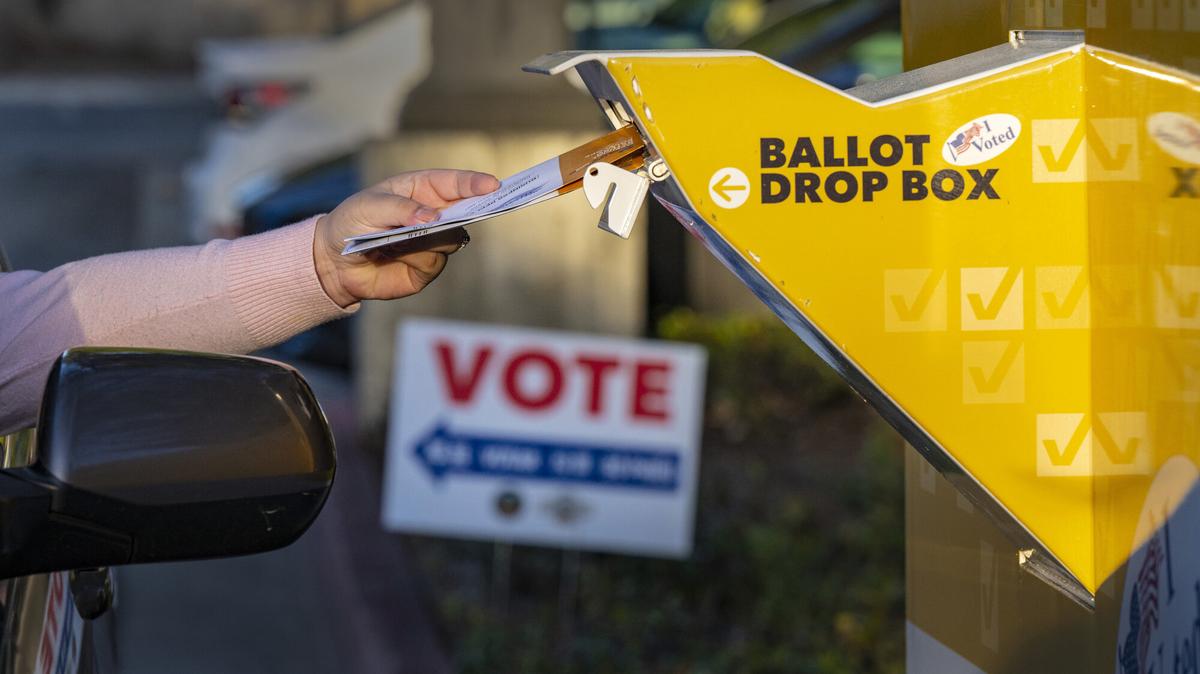 A voter puts their ballot for the 2024 Presidential Primary Election in the ballot drop box at the Vote Center located at the Orange Public Library in Orange, California, on March 5, 2024. (Mark Rightmire/Orange County Register/TNS)