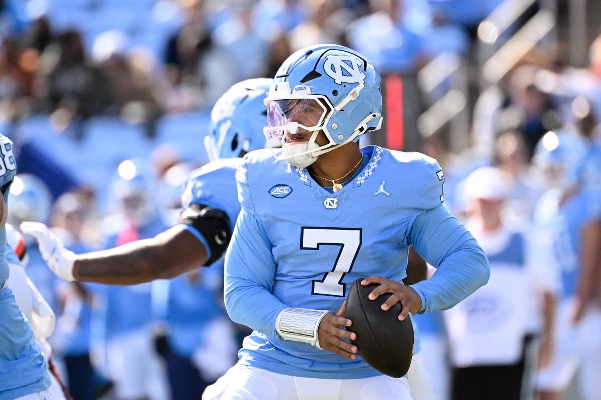  Oct 25, 2025; Chapel Hill, North Carolina, USA; North Carolina Tar Heels quarterback Gio Lopez (7) looks to pass in the first quarter at Kenan Stadium. Mandatory Credit: Bob Donnan-Imagn Images 