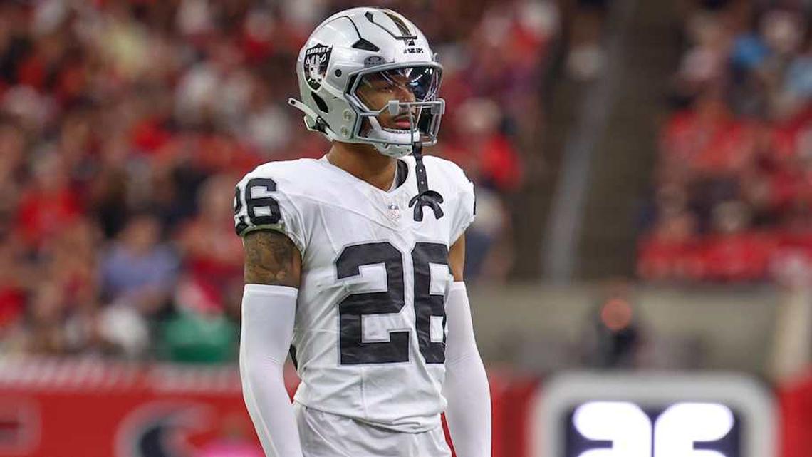  Dec 21, 2025; Houston, Texas, USA; Las Vegas Raiders cornerback Darien Porter (26) during a television timeout against the Houston Texans in the first quarter at NRG Stadium. Mandatory Credit: Thomas Shea-Imagn Images | Thomas Shea-Imagn Images 