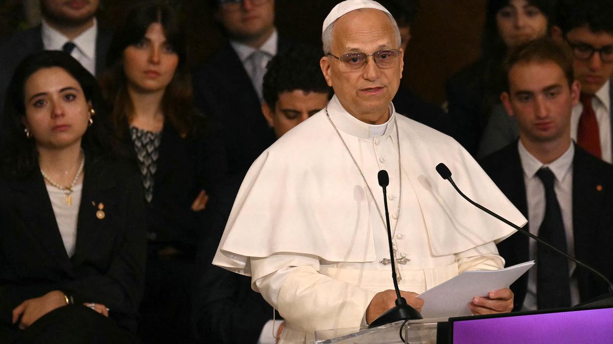 Pope Leo XIV attends a meeting with students during a visit to the Sapienza University of Rome, on May 14, 2026. (Andreas Solaro/AFP via Getty Images/TNS)