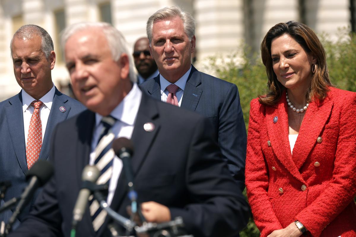  Representative Carlos Gimenez of Florida speaks as, from left, Representative Mario Diaz-Balart of Florida, House Minority Leader Kevin McCarthy of California and Representative Maria Elvira Salazar of Florida listen during McCarthy's weekly news conference outside the U.S. Capitol May 20, 2021, in Washington. (Photo by Alex Wong/Getty Images) 