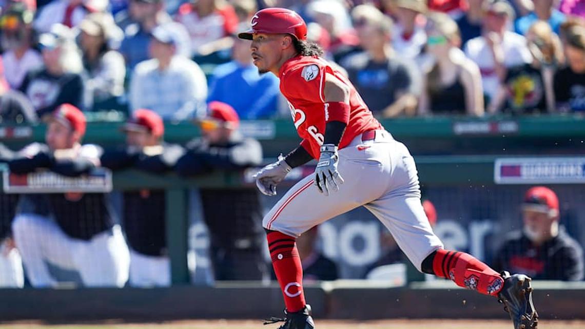  Cincinnati Reds shortstop Edwin Arroyo (56) runs for first base in the third inning of a Cactus League game between the Cincinnati Reds and Cleveland Guardians, Saturday, Feb. 21, 2026, at Goodyear Ballpark in Goodyear, Ariz. | Frank Bowen IV/The Enquirer / USA TODAY NETWORK via Imagn Images 