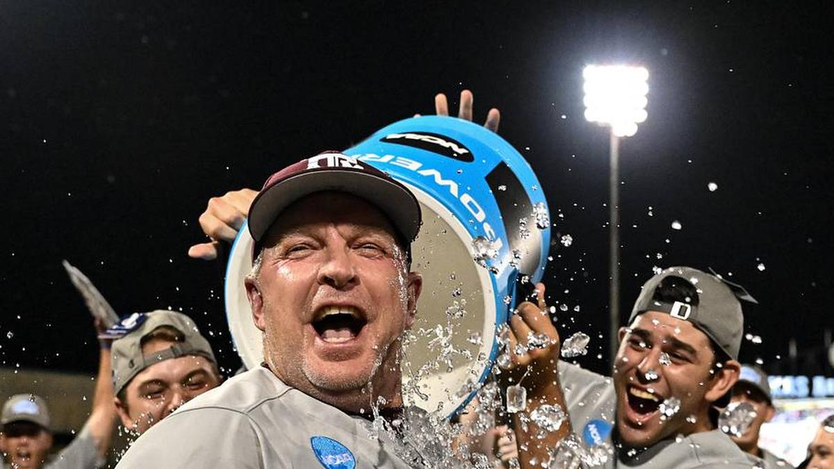  Jun 9, 2024; College Station, TX, USA; Texas A&M head coach Jim Schlossnagle celebrates after sweeping Oregon in the Bryan-College Station Super Regional series at Olsen Field, Blue Bell Park Mandatory Credit: Maria Lysaker-Imagn Images | Maria Lysaker-Imagn Images 