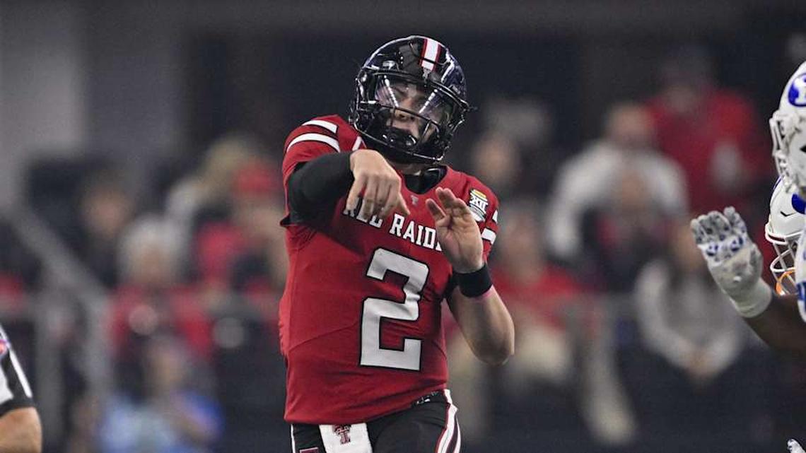  Dec 6, 2025; Arlington, TX, USA; Texas Tech Red Raiders quarterback Behren Morton (2) throws the ball during the game between the Red Raiders and the Cougars at AT&T Stadium. Mandatory Credit: Jerome Miron-Imagn Images | Jerome Miron-Imagn Images 