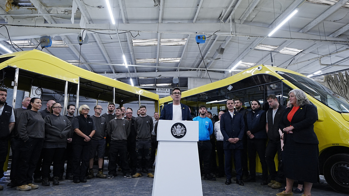 Andy Burnham, Mayor of Greater Manchester, speaking during a visit to Mellor Bus in Rochdale, Greater Manchester, to announce a multi-billion-pound boost for city transport in the North and the Midlands. Picture date: Wednesday June 4, 2025. Peter Byrne/Pool via REUTERS/File Photo