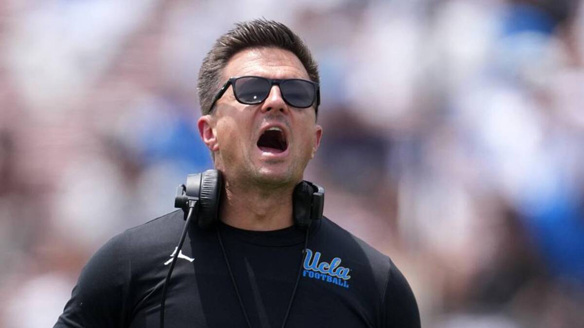 May 2, 2026; Pasadena, CA, USA; UCLA Bruins coach Bob Chesney reacts during the spring game at Rose Bowl. Mandatory Credit: Kirby Lee-Imagn Images | Kirby Lee-Imagn Images 
