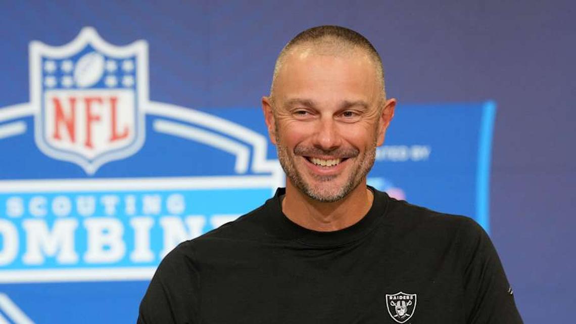  Feb 24, 2026; Indianapolis, IN, USA; Las Vegas Raiders general manager John Spytek speaks at the NFL Scouting Combine at the Indiana Convention Center. Mandatory Credit: Kirby Lee-Imagn Images | Kirby Lee-Imagn Images 