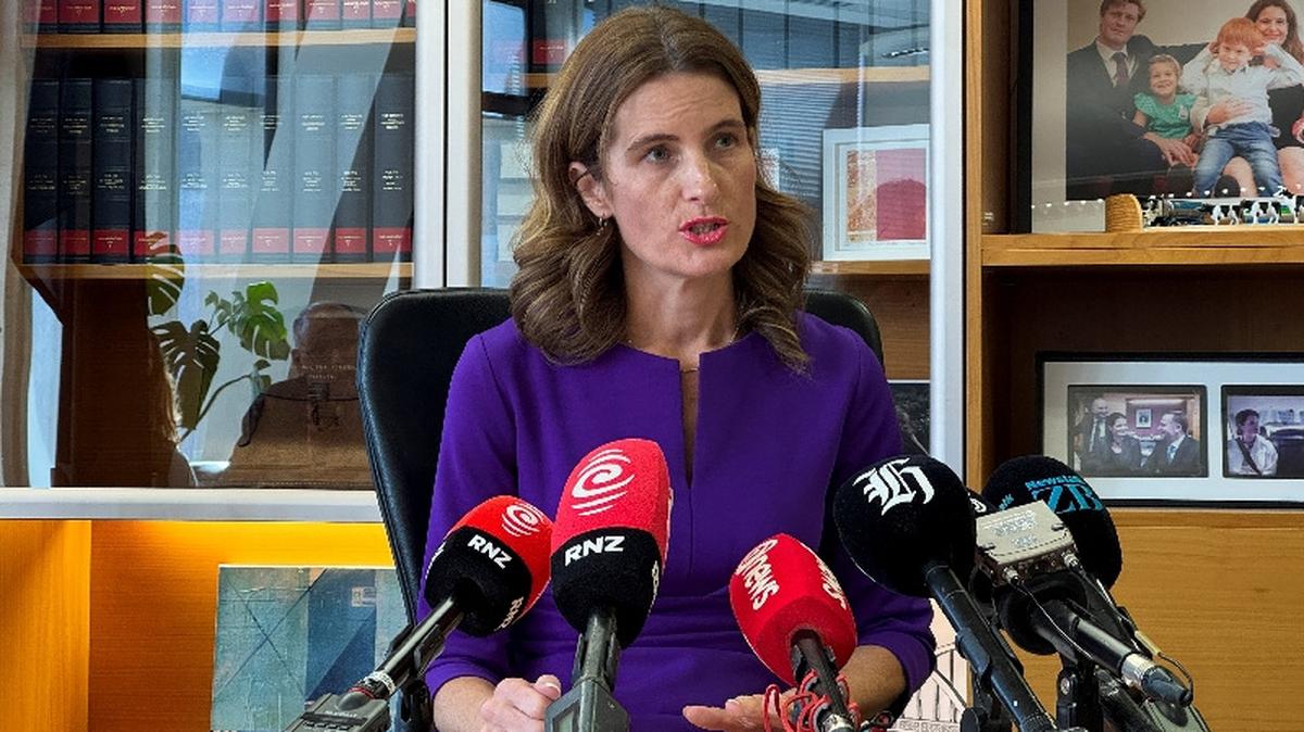 New Zealand's Finance Minister Nicola Willis speaks to the media as she gives an economic update, at Parliament in Wellington, New Zealand April 23, 2026. REUTERS/Lucy Craymer