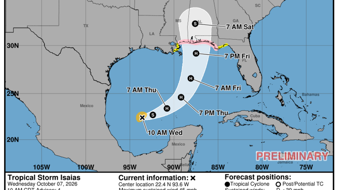 Latest update from the NHC on Tropical Storm Isaias for Wednesday, Oct. 7 