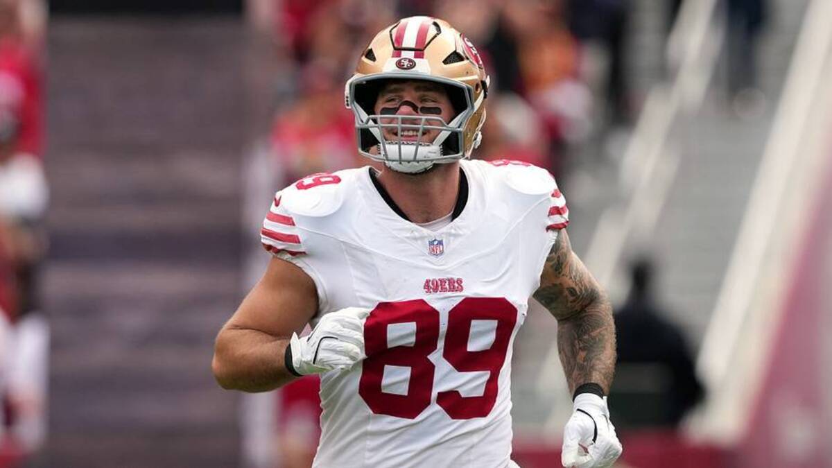  Sep 28, 2025; Santa Clara, California, USA; San Francisco 49ers tight end Luke Farrell (89) before the game against the Jacksonville Jaguars at Levi's Stadium. Mandatory Credit: Darren Yamashita-Imagn Images | IMAGN IMAGES via Reuters Connect 