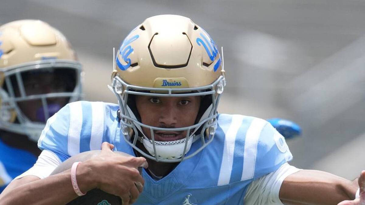  May 2, 2026; Pasadena, CA, USA; UCLA Bruins quarterback Nico Iamaleava (9) carries the ball during the spring game at Rose Bowl. Mandatory Credit: Kirby Lee-Imagn Images | Kirby Lee-Imagn Images 