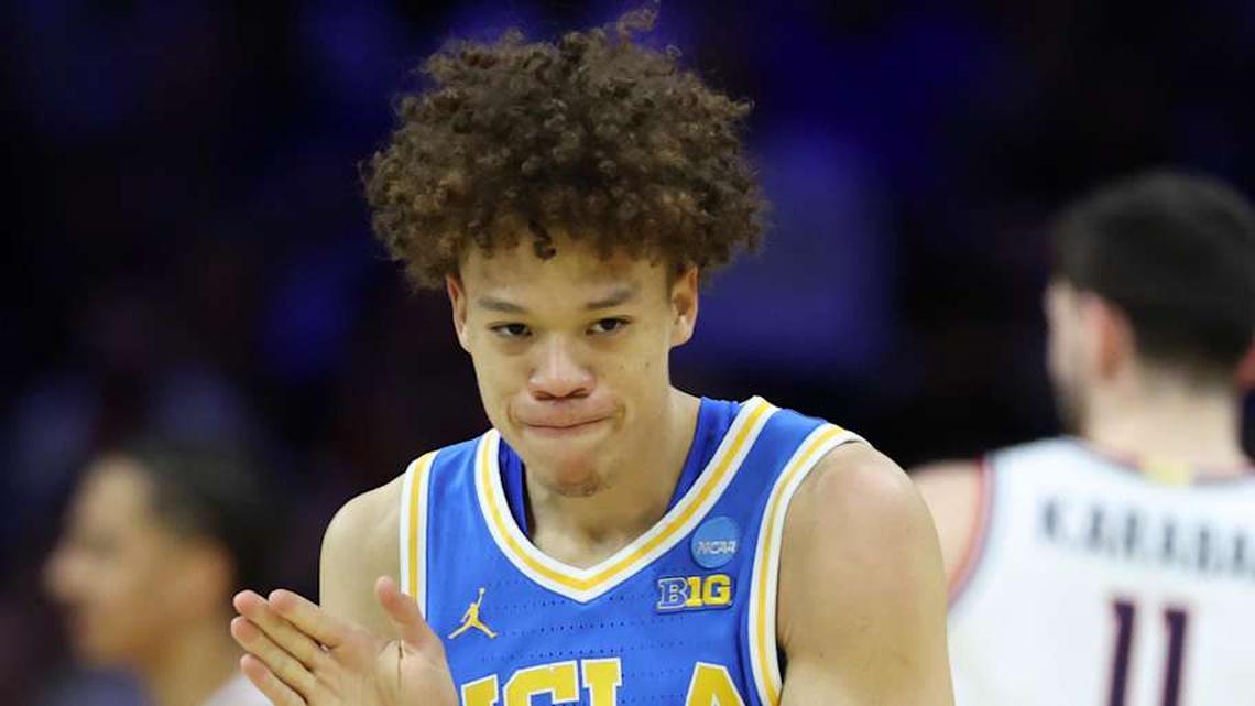  Mar 22, 2026; Philadelphia, PA, USA; UCLA Bruins guard Trent Perry (0) reacts against the UConn Huskies in the first half during a second round game of the men's 2026 NCAA Tournament at Xfinity Mobile Arena. Mandatory Credit: Bill Streicher-Imagn Images | Bill Streicher-Imagn Images 