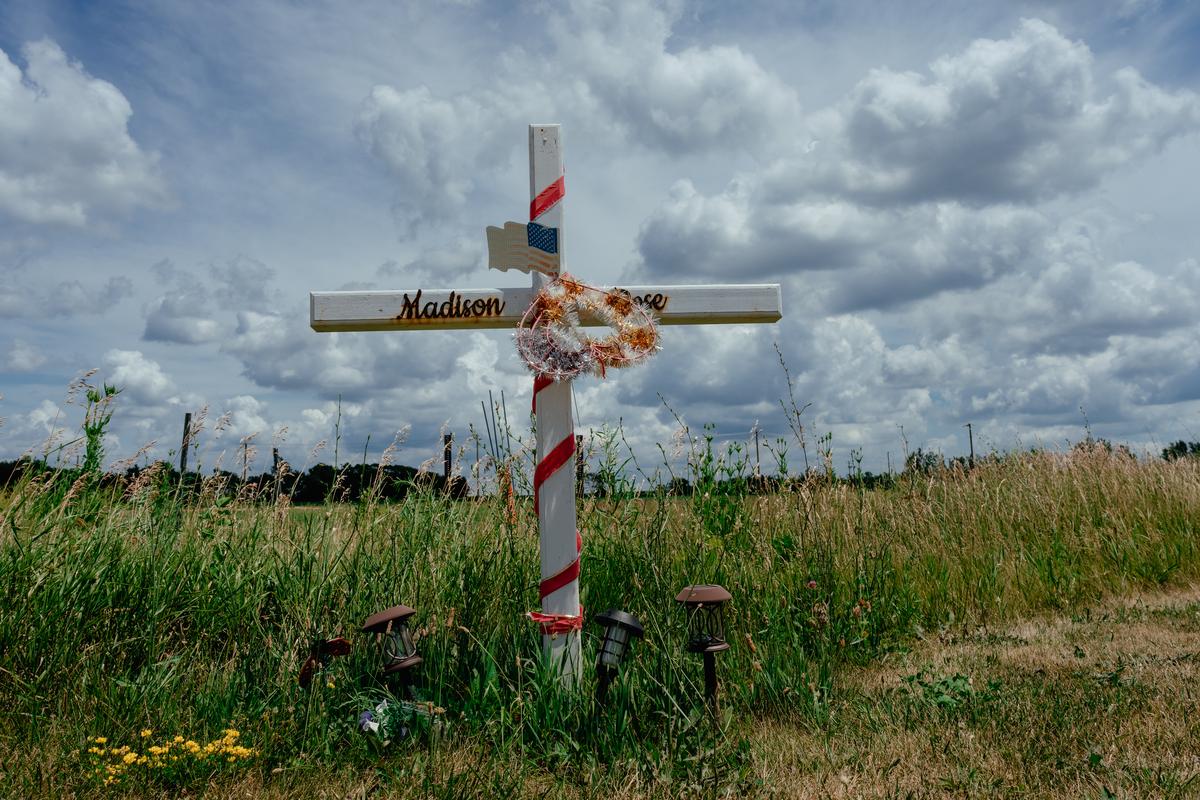 A memorial honoring Madison Frost, an 8-year-old girl killed in 2014 when her family's van was struck by a semi, on Route 53 in Joliet, Ill. on June 30, 2025. Ten years later, Robert Roach Jr., 32, died just a few miles from Madison's roadside memorial following a collision with a stalled semi. (Jamie Kelter Davis/The New York Times)....