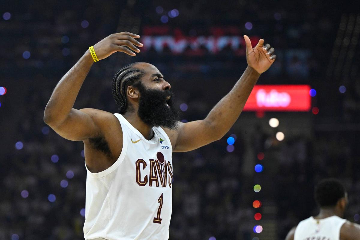  Apr 29, 2026; Cleveland, Ohio, USA; Cleveland Cavaliers guard James Harden (1) celebrates against the Toronto Raptors in the third quarter of game five of the first round of the 2026 NBA Playoffs at Rocket Arena. Mandatory Credit: David Richard-Imagn Images 