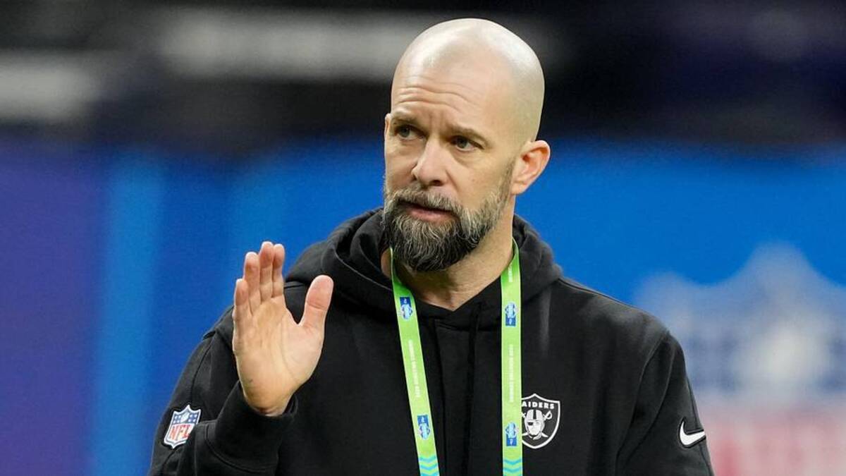  Feb 28, 2026; Indianapolis, IN, USA; Las Vegas Raiders wide receivers coach Zach Azzanni looks on during the NFL Scouting Combine at Lucas Oil Stadium. Mandatory Credit: Kirby Lee-Imagn Images | Kirby Lee-Imagn Images 