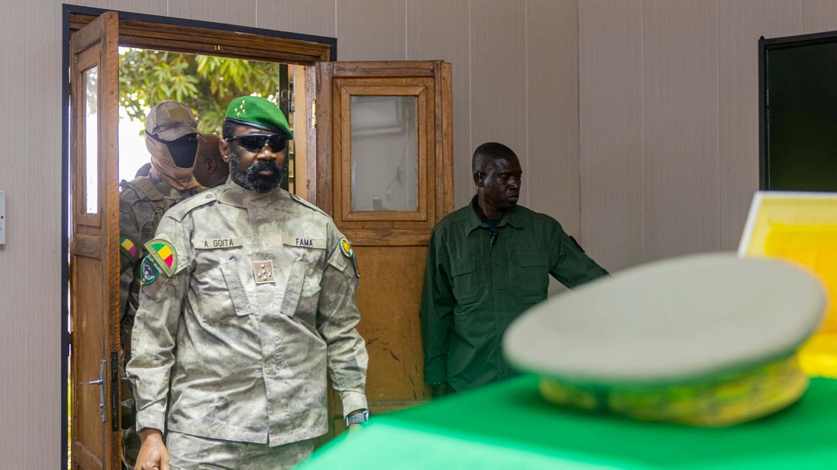 FILE PHOTO: Malian President Assimi Goita attends the state funeral of Defence Minister Sadio Camara, who was killed in a militant attack, in Bamako, Mali, April 30, 2026.   Mali Presidency via Facebook /Handout via REUTERS/ File Photo