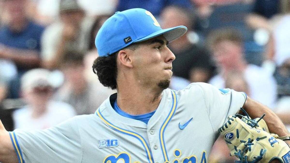  Jun 16, 2025; Omaha, Neb, USA; UCLA Bruins starting pitcher Landon Stump (14) throws against the LSU Tigers during the first inning at Charles Schwab Field. Mandatory Credit: Steven Branscombe-Imagn Images | Steven Branscombe-Imagn Images 