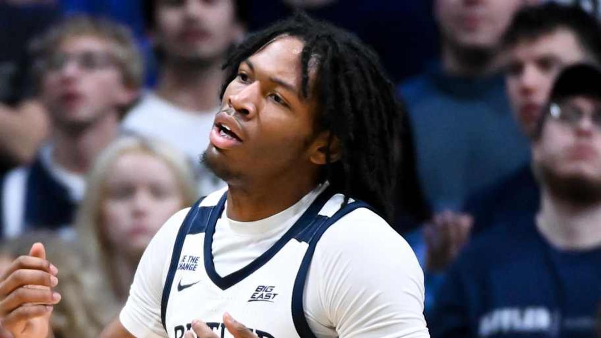 Jan 6, 2026; Indianapolis, Indiana, USA; Butler Bulldogs guard Azavier Robinson (23) reacts after a play against the St. John's Red Storm during the first half at Hinkle Fieldhouse. Mandatory Credit: Robert Goddin-Imagn Images | Robert Goddin-Imagn Images 