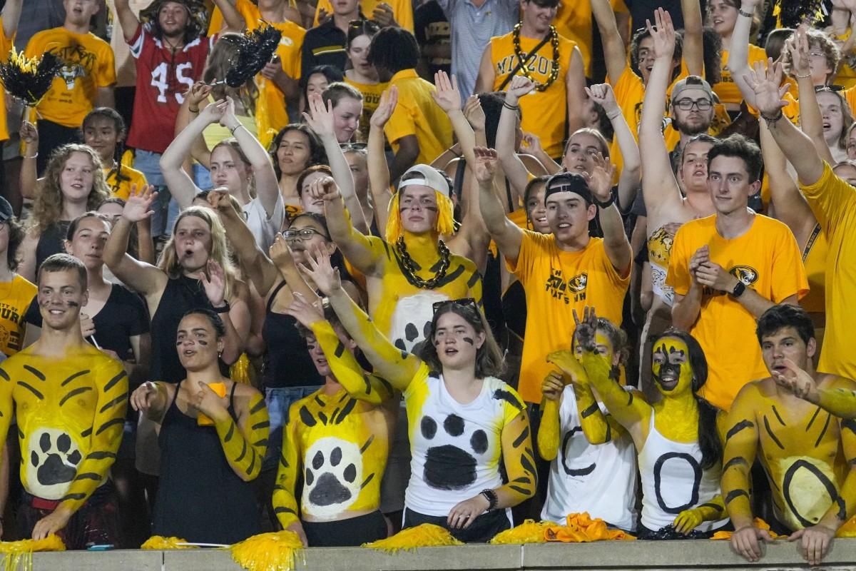 Missouri Tigers students and fans cheer during a game at Mizzou Arena.