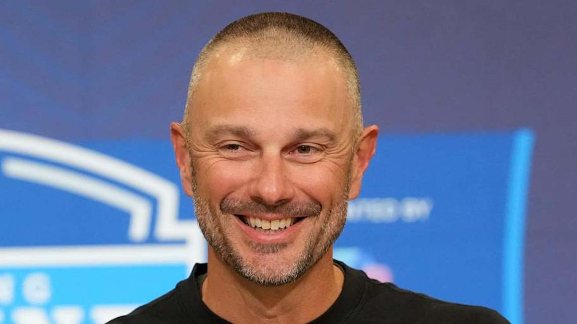  Feb 24, 2026; Indianapolis, IN, USA; Las Vegas Raiders general manager John Spytek speaks at the NFL Scouting Combine at the Indiana Convention Center. Mandatory Credit: Kirby Lee-Imagn Images | Kirby Lee-Imagn Images 