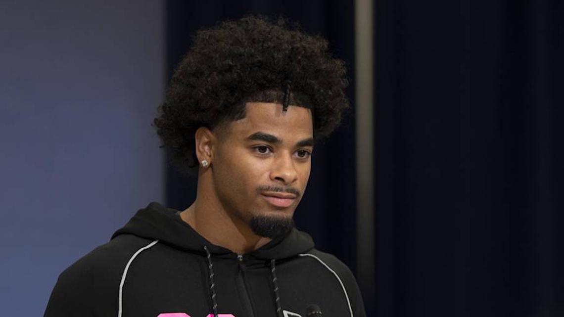  Feb 26, 2026; Indianapolis, IN, USA; LSU defensive back Mansoor Delane (DB06) speaks to media members during the NFL Combine at the Indiana Convention Center. Mandatory Credit: Jacob Musselman-Imagn Images | Jacob Musselman-Imagn Images 