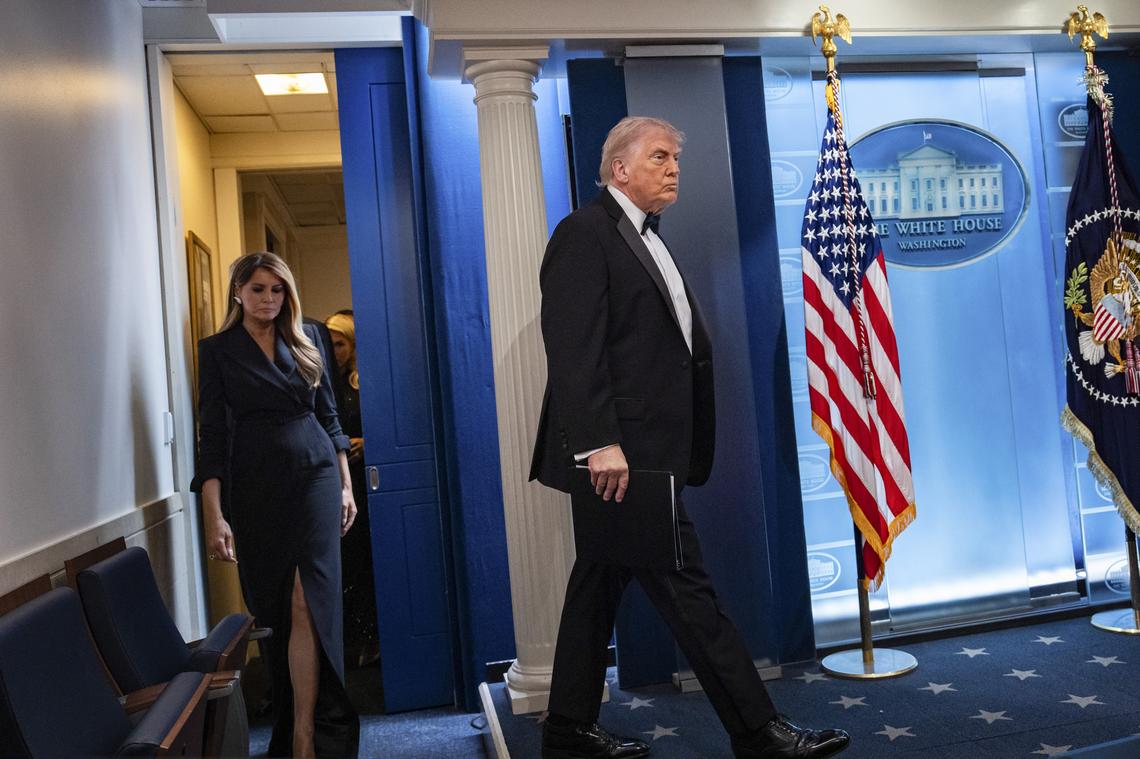 President Donald Trump arrives to brief reporters at the White House after shots were fired during the White House Correspondents' Association dinner at the Washington Hilton, April 25, 2026. Todd Blanche, the acting attorney general, said President Trump was "likely" a target, along with other members of the administration. But he cautioned that the investigation was in its early stages. (Salwan Georges/The New York Times)