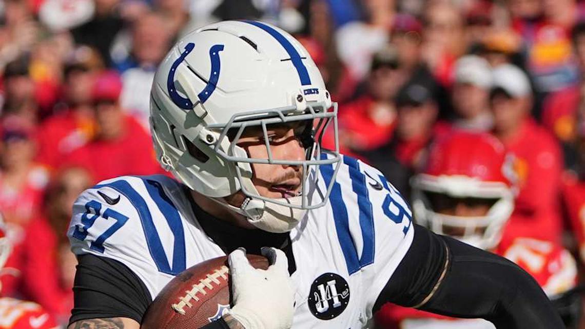  Nov 23, 2025; Kansas City, Missouri, USA; Indianapolis Colts defensive end Laiatu Latu (97) runs after an interception against the Kansas City Chiefs in the first quarter at GEHA Field at Arrowhead Stadium. Mandatory Credit: Denny Medley-Imagn Images | Denny Medley-Imagn Images 