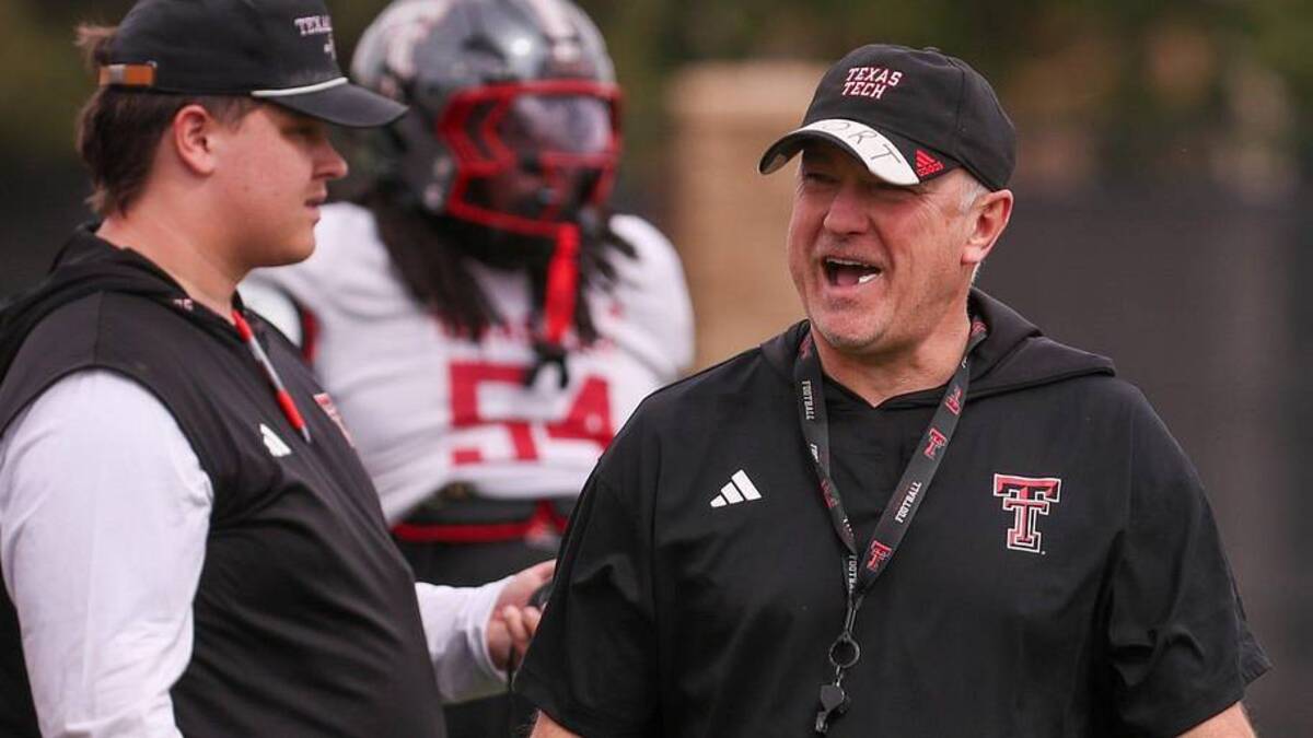  Texas Tech head coach Joey McGuire walks the field during spring football practice, Tuesday, April 14, 2026, at the Womble Football Center. | Nathan Giese/Avalanche-Journal / USA TODAY NETWORK via Imagn Images 