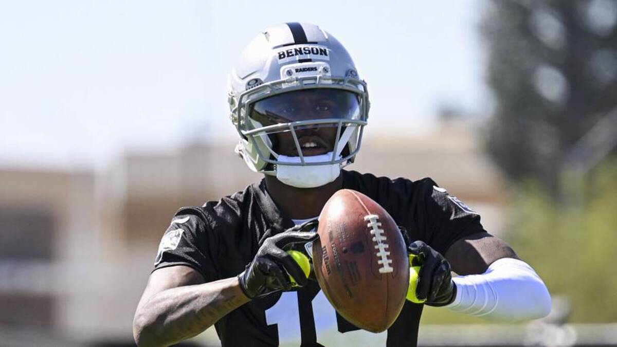  May 20, 2026; Henderson, NV, USA; Las Vegas Raiders wide receiver Malik Benson (19) practices during organized team activities at Intermountain Health Performance Center. Mandatory Credit: Candice Ward-Imagn Images | Candice Ward-Imagn Images 