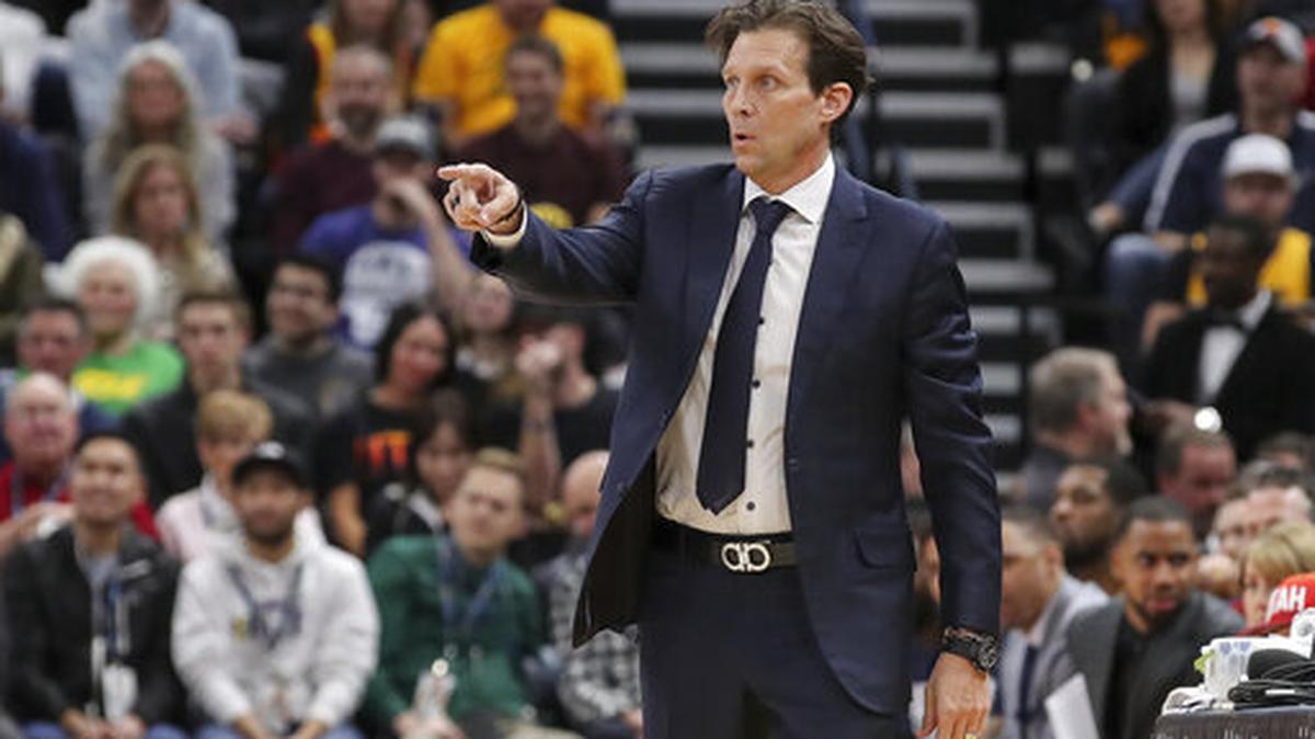 Utah Jazz head coach Quin Snyder directs his teams play against the San Antonio Spurs during the second quarter of an NBA basketball game, Saturday, Feb. 9, 2019, in Salt Lake City.