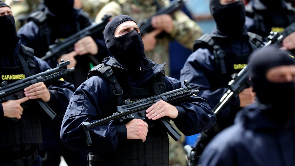 Italy's Carabinieri march during a parade on June 2, 2026. 