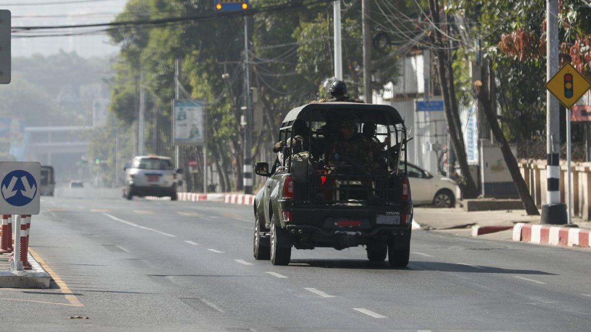 A military vehicle patrols on the road in Yangon, Myanmar, in February 2022. An accidental explosion in a rebel-held part of the country on Sunday killed 55 people and injured many more, rebel leaders said. File photo by Stringer/EPA-EFE