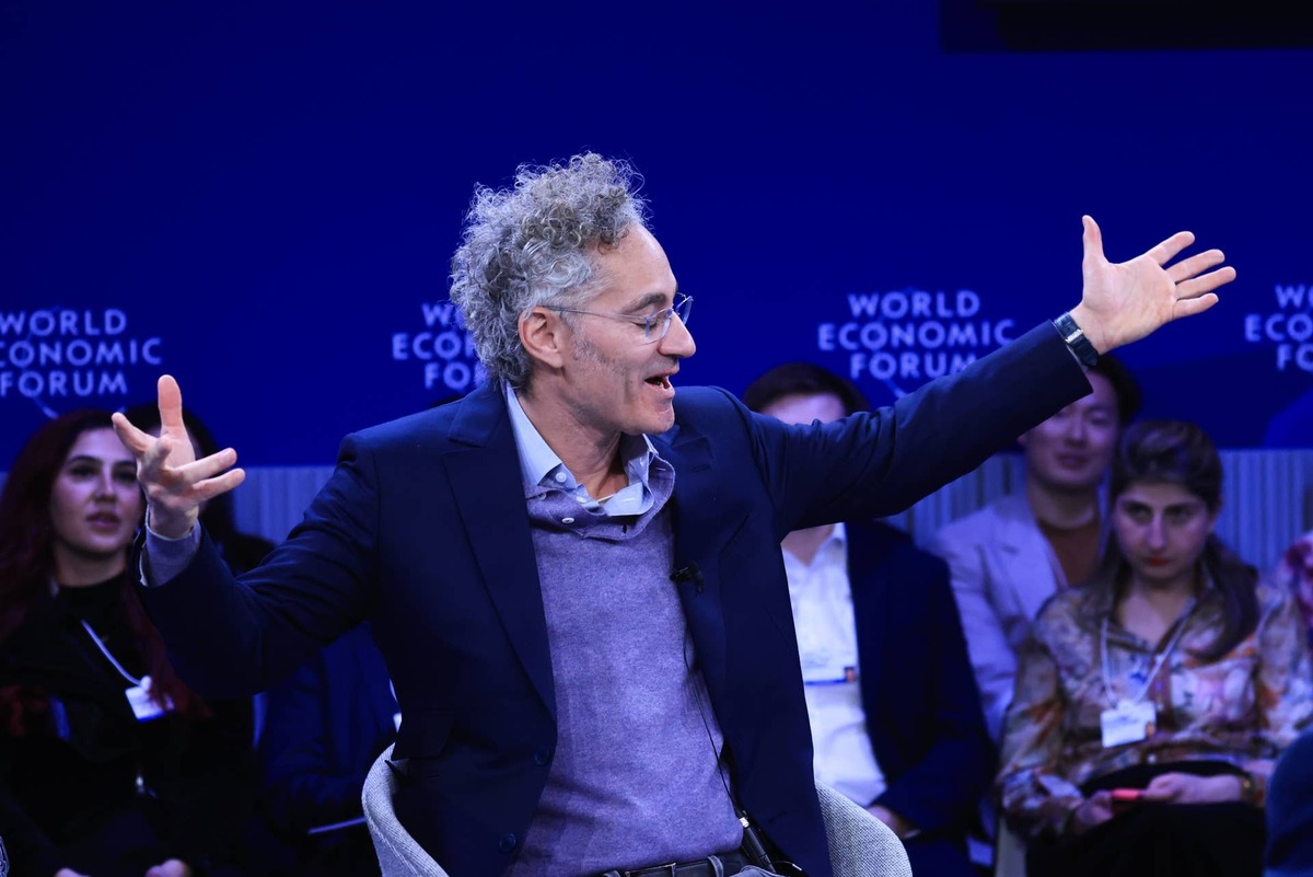  Palantir CEO Alex Karp gestures during a World Economic Forum event. 