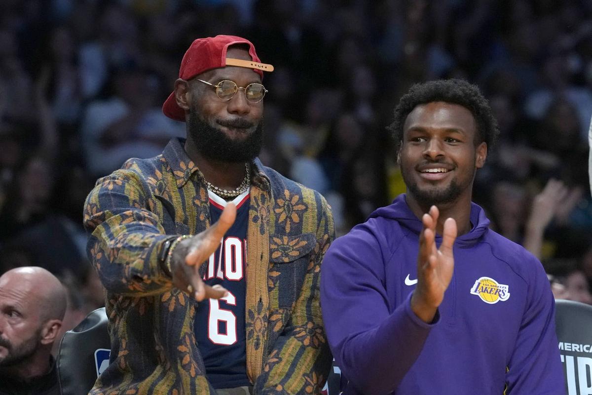  Los Angeles Lakers forward LeBron James (left) and guard Bronny James. Kirby Lee-Imagn Images