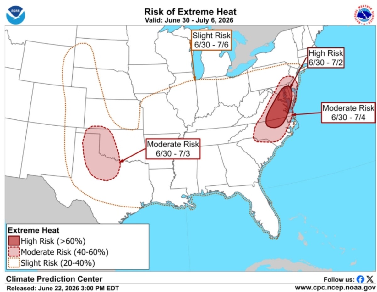  A forecast map from the National Weather Service Climate Prediction Center shows the states at risk of heat indices in the triple digits between June 30 and July 6. 
