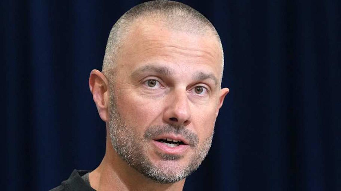  Feb 24, 2026; Indianapolis, IN, USA; Las Vegas Raiders general manager John Spytek speaks at the NFL Scouting Combine at the Indiana Convention Center. Mandatory Credit: Kirby Lee-Imagn Images | Kirby Lee-Imagn Images 