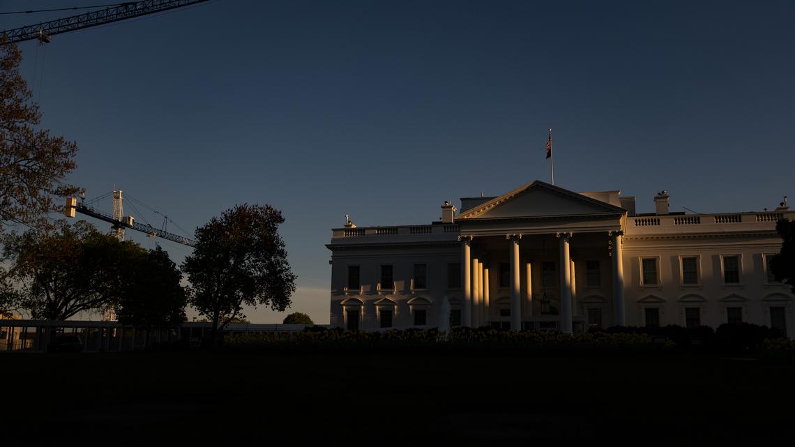 FILE -- Outside the White House in Washington on April 7, 2026. Aboveground construction on President Trump's White House ballroom must halt until lawmakers authorize the project, a judge ruled Thursday, April 16, saying the president appeared intent on skirting a previous order by redefining the ballroom project as a critical national security upgrade. (Tierney L. Cross/The New York Times)