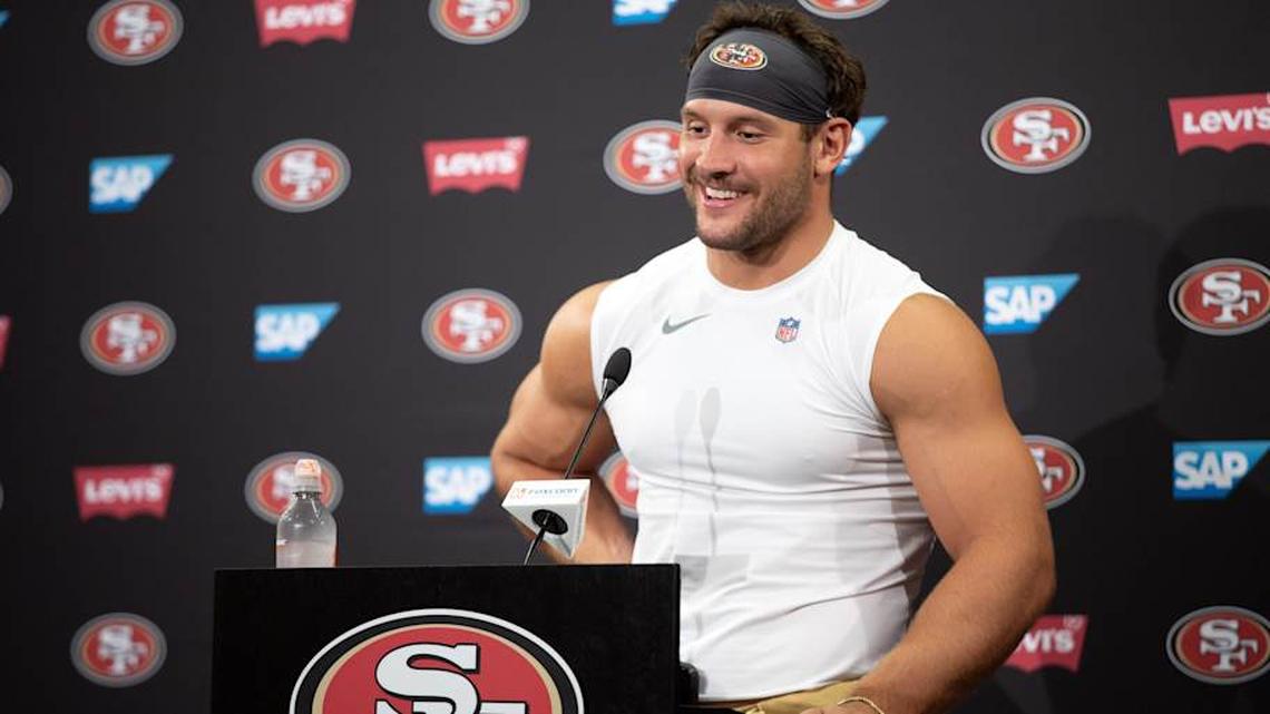  Jul 23, 2025; Santa Clara, CA, USA; San Francisco 49ers defensive end Nick Bosa answers questions from reporters following the first day of training camp at SAP Performance Facility. Mandatory Credit: D. Ross Cameron-Imagn Images | D. Ross Cameron-Imagn Images 
