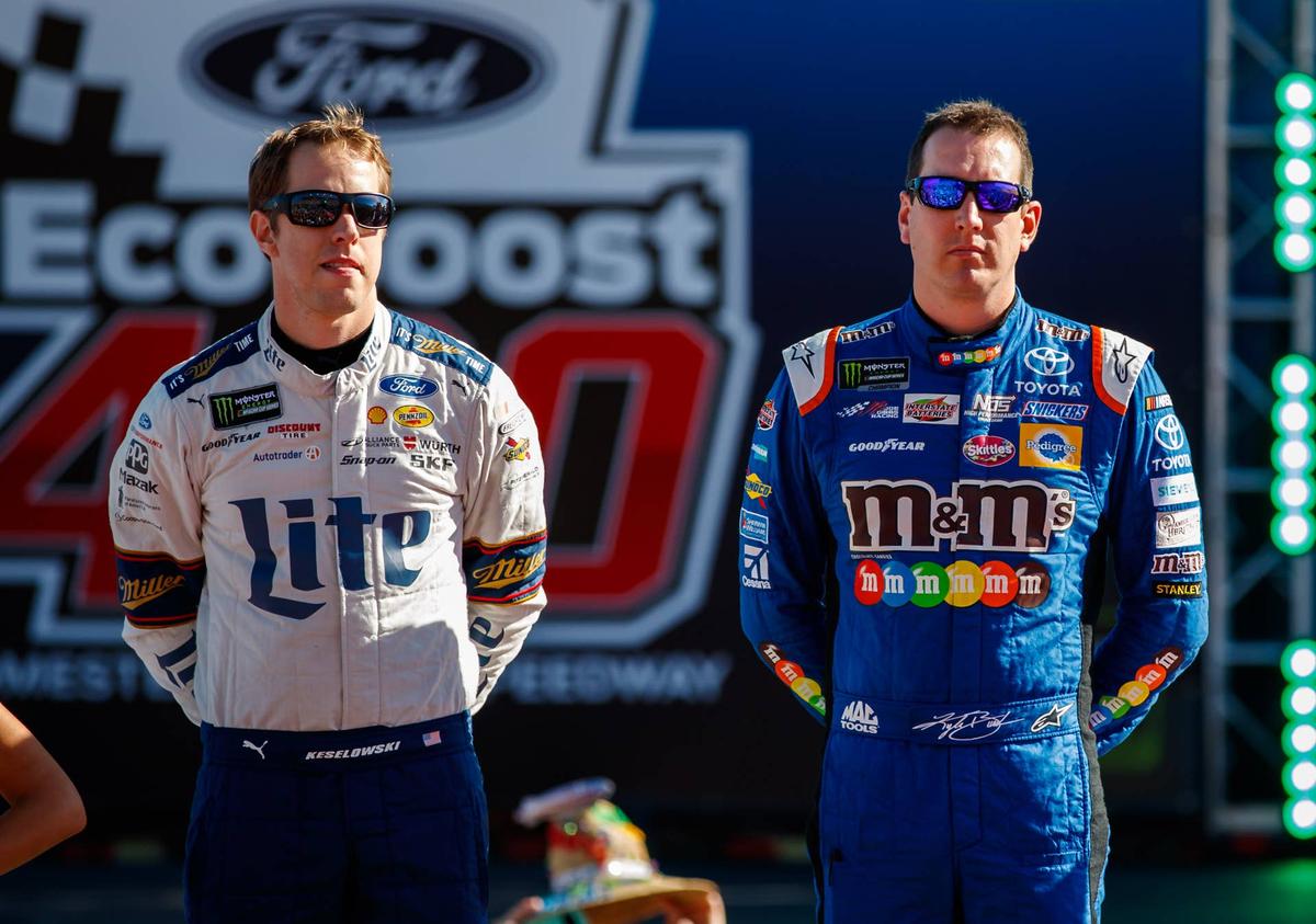  Nov 19, 2017; Homestead, FL, USA; NASCAR driver Brad Keselowski (left) and Kyle Busch prior to the Ford EcoBoost 400 at Homestead-Miami Speedway. Mandatory Credit: Mark J. Rebilas-USA TODAY Sports 