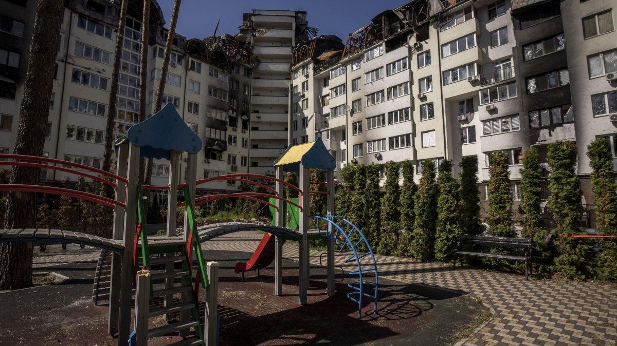 A children's playground is seen in front of an apartment building that was shelled in early March in Irpin, Ukraine, on May 9, 2022. The European Union on Monday sanctioned Russian individuals and entities accused of forcibly deporting and indoctrinating Ukrainian children. File Photo by Ken Cedeno/UPI
