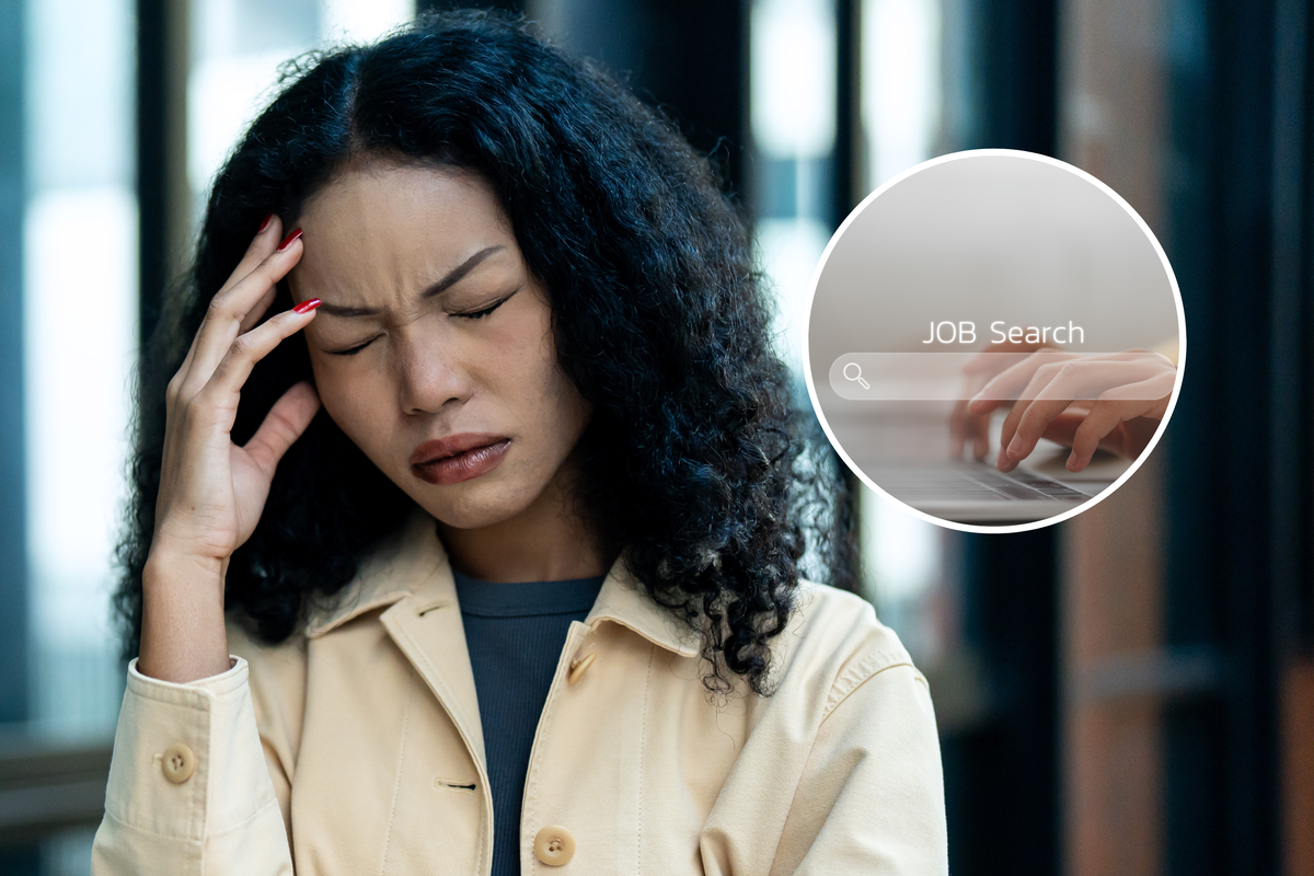  A woman presses her hand to her forehead; and a search bar icon under “job search,” inset. 
