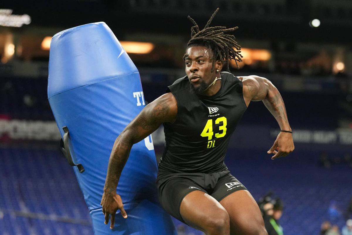  Feb 26, 2026; Indianapolis, IN, USA; Boston College defensive lineman Quintayvious Hutchins (DL43) during the NFL Scouting Combine at Lucas Oil Stadium. Mandatory Credit: Kirby Lee-Imagn Images 